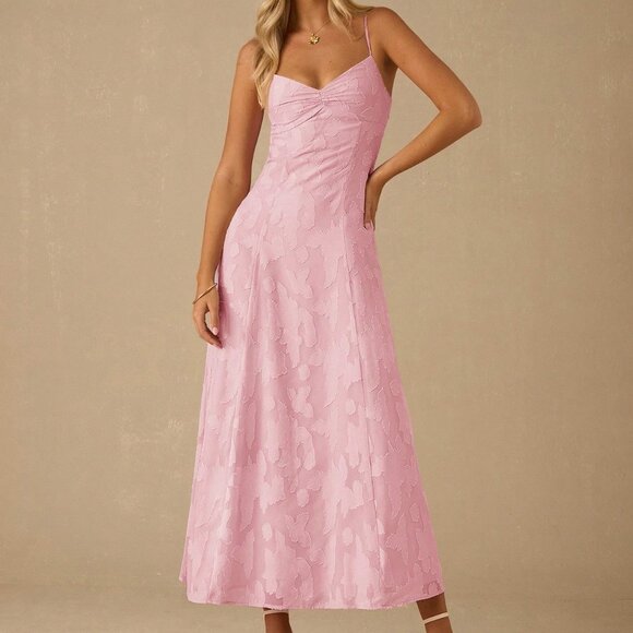 Coral Pink Elegant Women's Pleated Bust Textured Open Back Camisole Dress - Picture 5 of 6